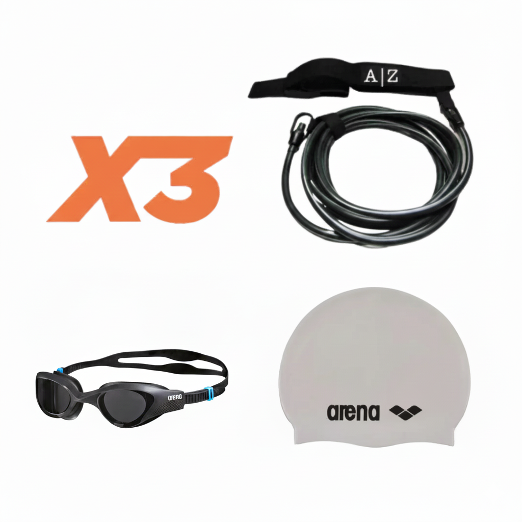 3 Pack de natación elástico, lentes y gorra